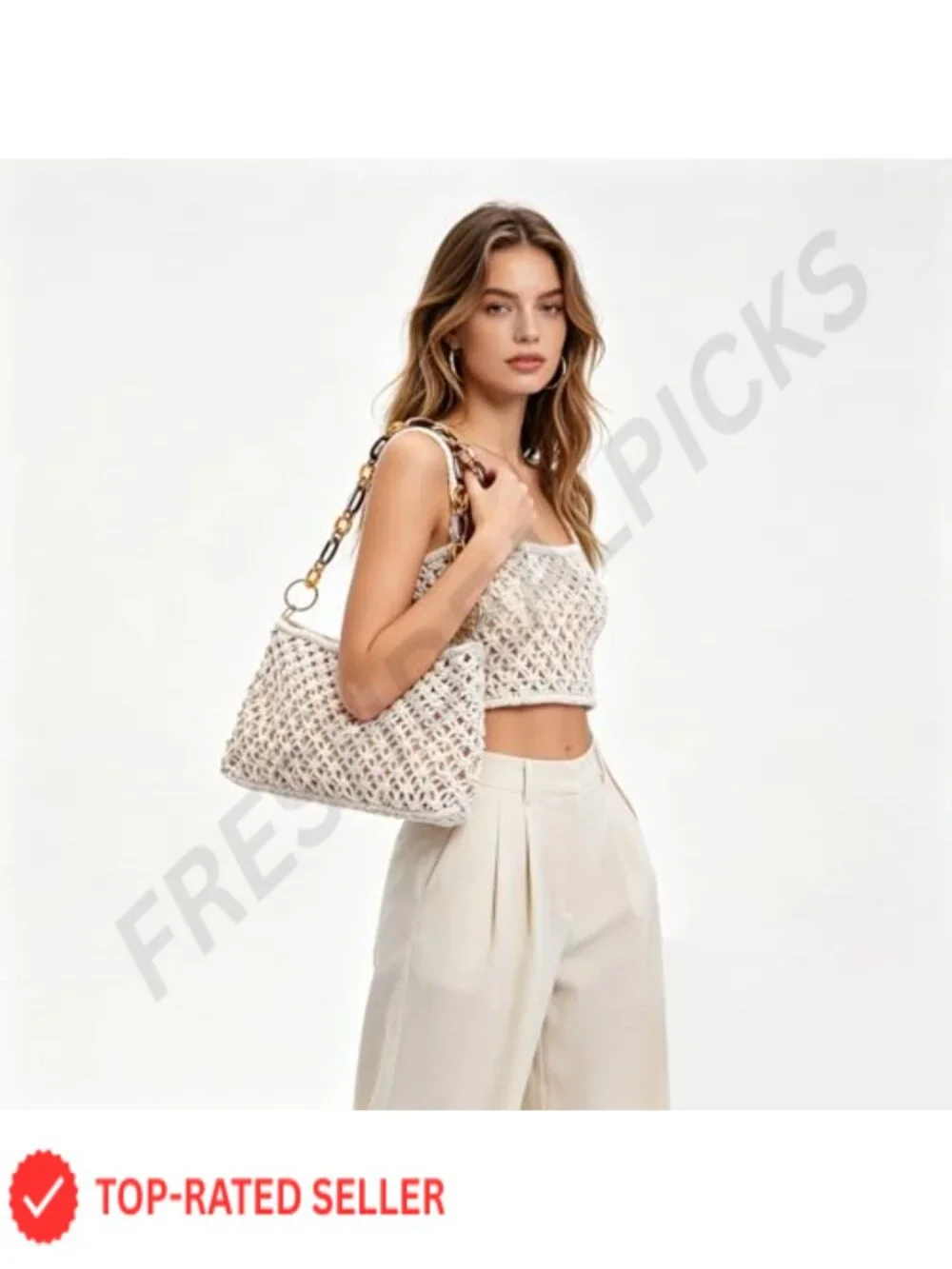 Handmade Crochet Beach Purse with Acrylic Chain Strap, Cotton Rope Bucket Bag